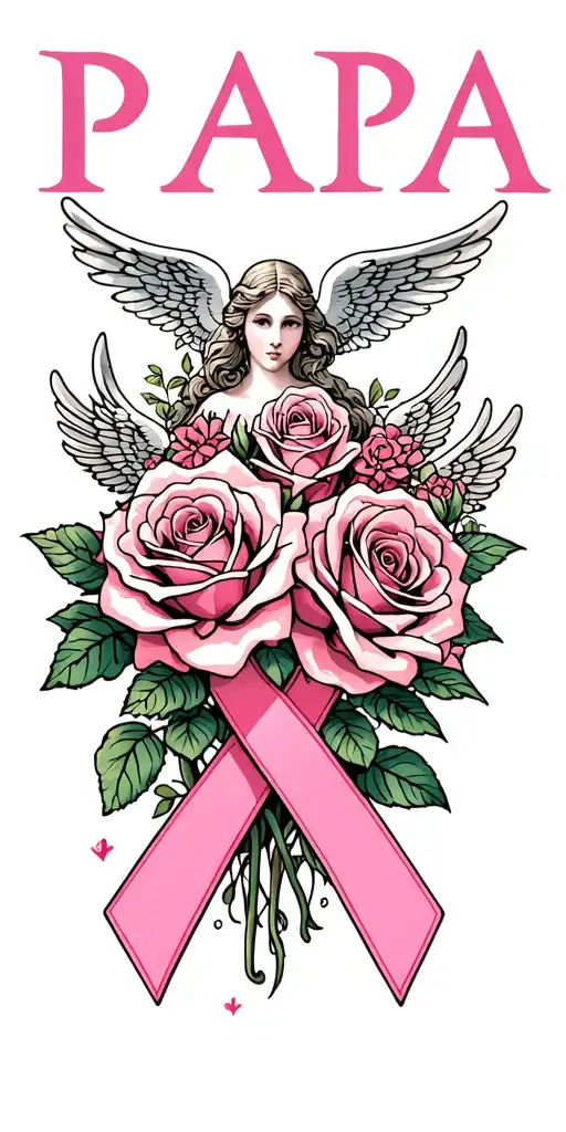 roses with angels and a pink cancer ribbon that says papa tattoo design idea