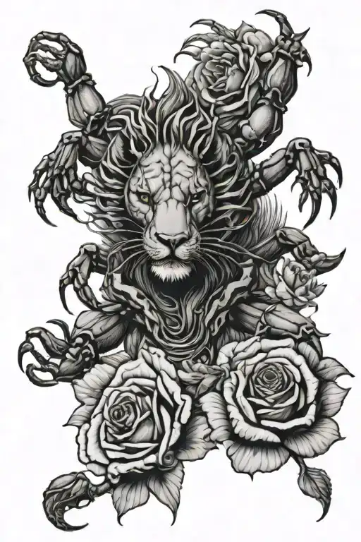 lion scorpion crab surrounded by roses tattoo design idea