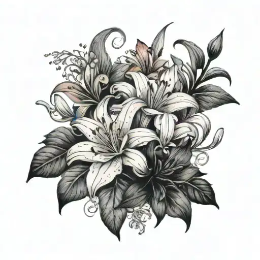 tattoo with Lilies and red spider Lillie's and black dahlias and Geranium tattoo design idea