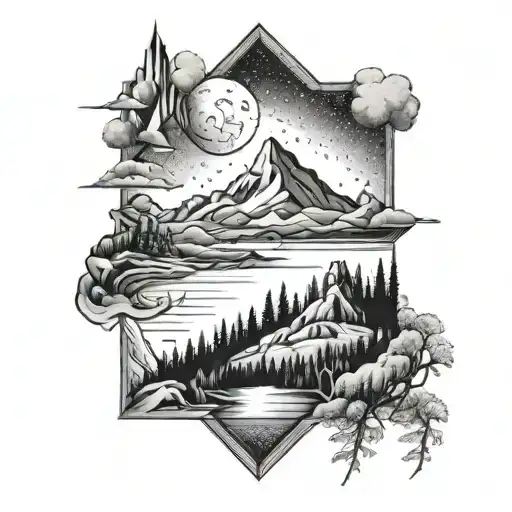 mountain, river, Leo, travel, engineering, moon tattoo design idea