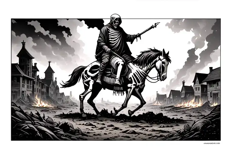burning apocalypse ground town landscape with grim reaper on horse skeleton in background  at night tattoo design idea