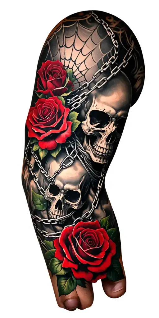 spider web on the elbow and the rest of the sleeve covered with chains ,skulls and red roses  tattoo design idea
