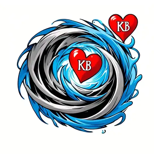 a blue round cyclone to the left of a red heart with the initials KB, and another blue round cyclone to the right  tattoo design idea