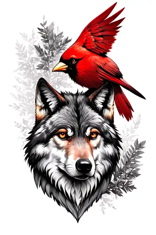 Wolf at the bottom looking symmetrical and red cardinal looking symmetrical above it  tattoo design idea