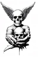 A skull, held or touched by one hand (angel or statue). There is a wing or light on the motif tattoo design idea