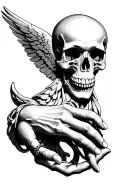 A skull, held or touched by one hand (angel or statue). There is a wing or light on the motif tattoo design idea