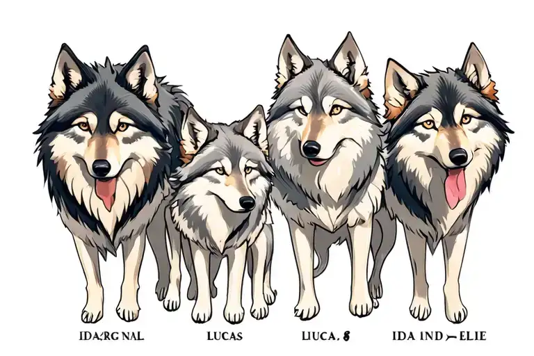 Wolf family with names below Ida and Lucas and Ellie tattoo design idea