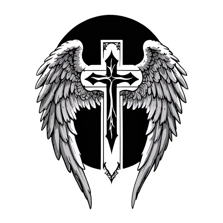 angel wings around a cross tattoo design idea