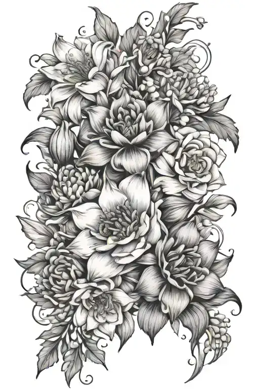 daffodil lily of the valley rose water lily cosmos and chrysanthemum bouquet  tattoo design idea
