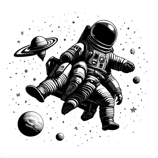 astronaut floating in space with a rocketship and planets tattoo design idea