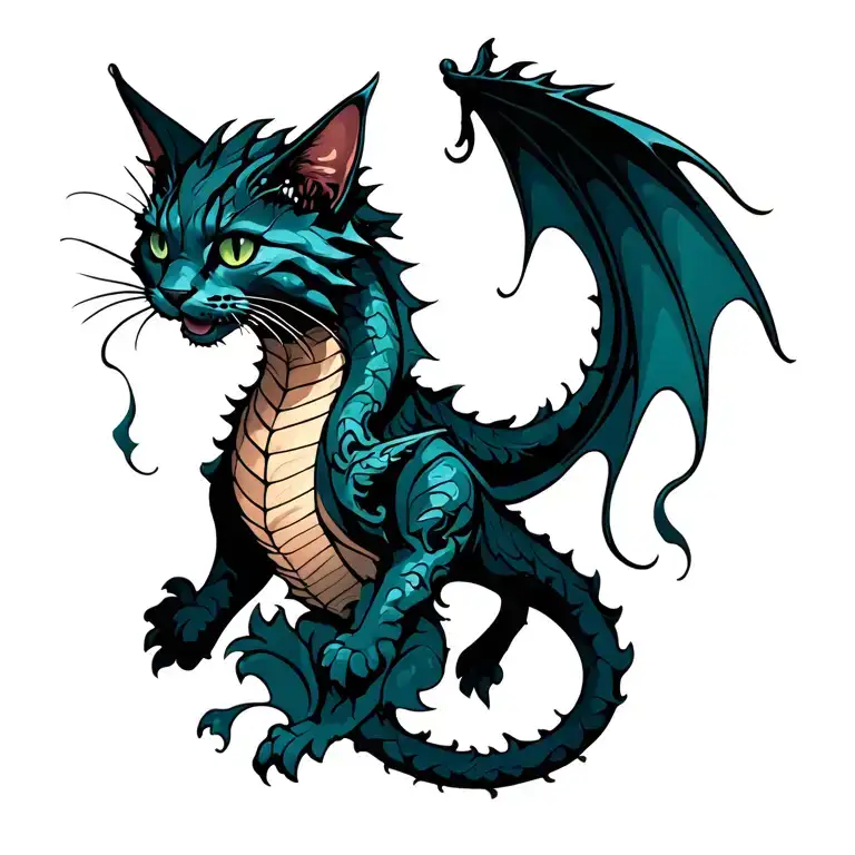 floating cat dragon tattoo design idea