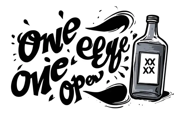 the words "one eye open" with a cartoon liqour bottle that says "xxx" tattoo design idea