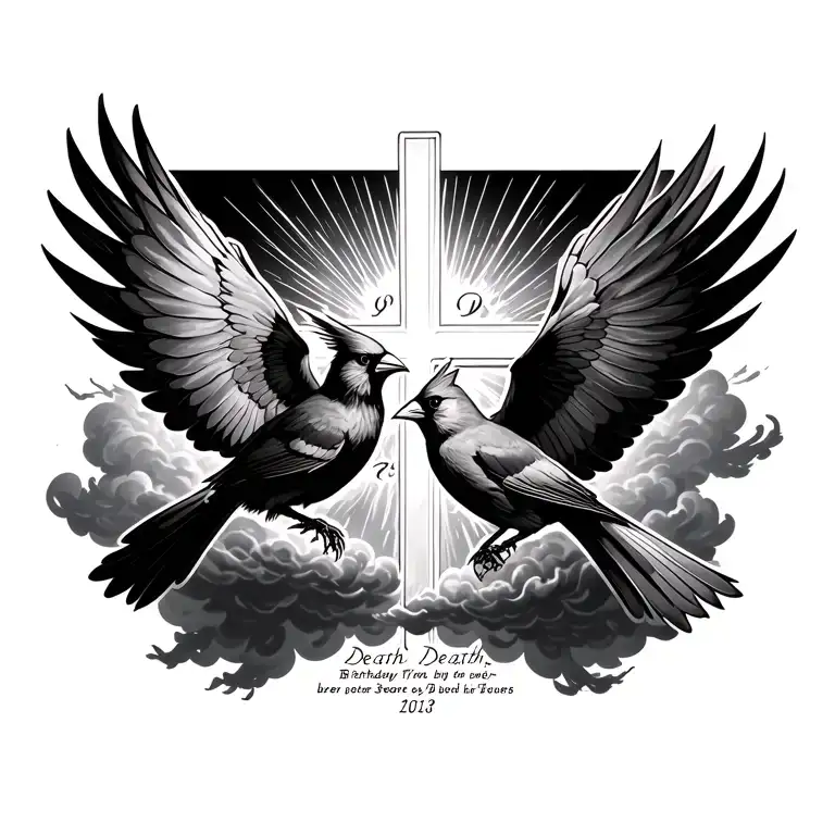 2 cardinals flying around a cross with light rays coming through clouds with 2 birthday-death dates at the bottom tattoo design idea