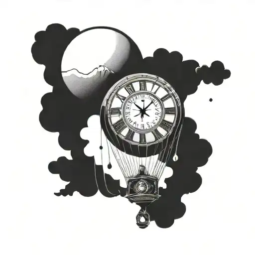 hot air balloon morphing in to a clock reading "10:19" floating out into the universe with orthodox Christian symbols tattoo design idea