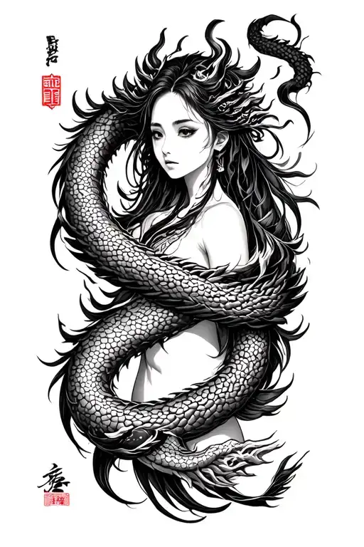 Ryujin can be seen wrapped around a girl. It can symbolize strength, wisdom and protection. tattoo design idea