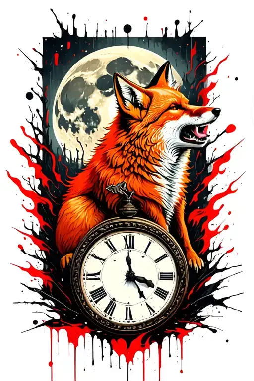 A ginger fox howling at the moon with the hands of a clock in burning forest tattoo design idea