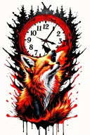 A ginger fox howling at the moon with the hands of a clock in burning forest tattoo design idea