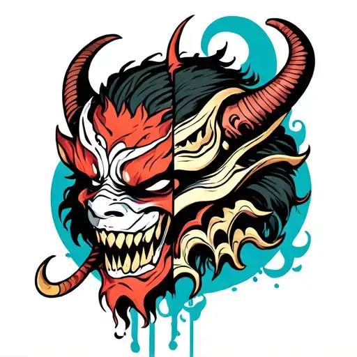 bipolar disorder oni mask split evil and sad tattoo design idea
