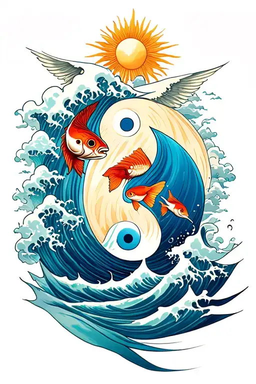 waves crashing in the background with fish yin yang, eye, St. George, Icarus fall,sun and clouds  tattoo design idea