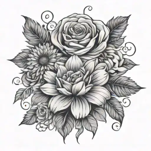 rose, dahlias, gerbera daisies intertwined tattoo design idea