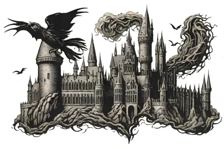 Harry Potter vs dementors circling hogwarts tattoo design idea