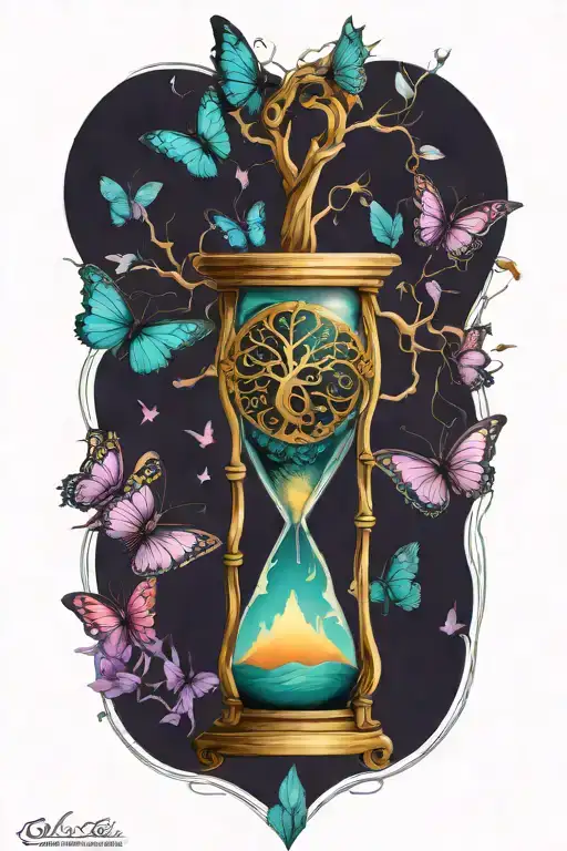 tree of life with hour glass, purple and teal butterflies tattoo design idea