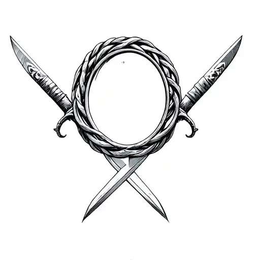 a tattoo design of the ouroboros mirror so I can visualize it with two Swords crossing behind the mirror in in a finelin tattoo design idea