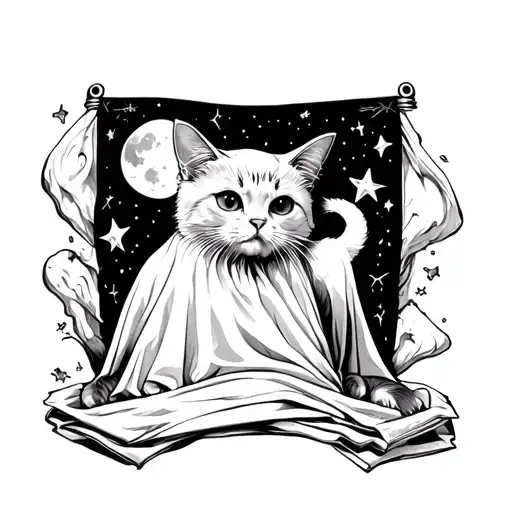 Gothic cat in a sheet like a ghost with moon and stars and spooky things in the background  tattoo design idea