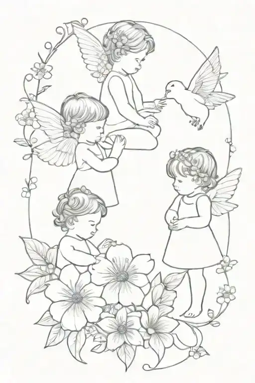 3 baby Angeles,fairy tale, flowers  tattoo design idea