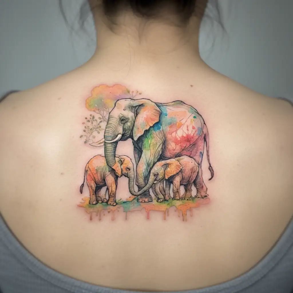 mother with 4 kids and 2 grandkids as elephants holding trunks tattoo design idea