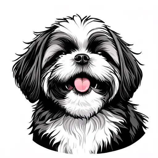 shihtzu dog smiling, tongue out, closed eyes, hanging arms on back of someone tattoo design idea