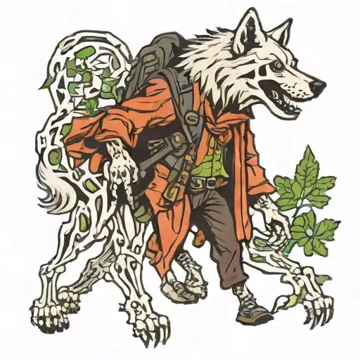wolf skeleton hiker with clover tattoo design idea