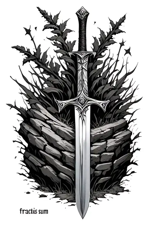 Nemo me unquam franget, nam iam vita fractus sum, A long sword, cracked but still planted into the ground or stone tattoo design idea
