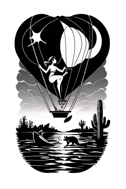 geometric shapes girl on swing from hot air balloon, Arizona sun with cactus, kayak on water, and raccoon under the moon tattoo design idea