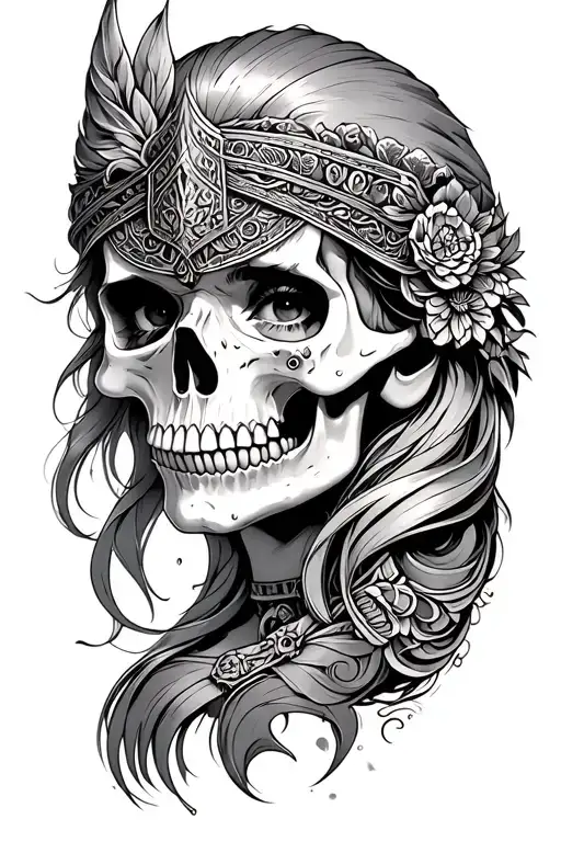 half warrior female face half skull tattoo design idea
