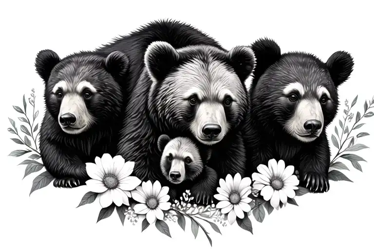 mama bear with 3 cubs with birth flowers tattoo design idea