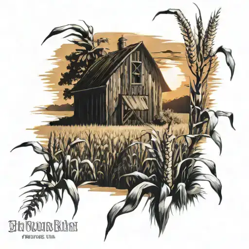old barn sunset scene  corn stalk framing scene tattoo design idea