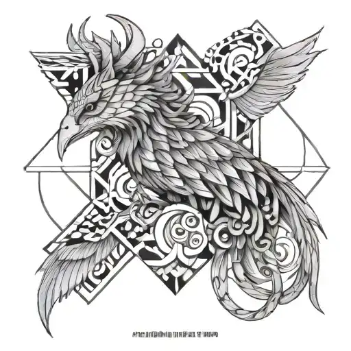 geometric norse mythology goddess plus geometric phoenix and other geometric patterns for a forearm sleeve tattoo design tattoo design idea