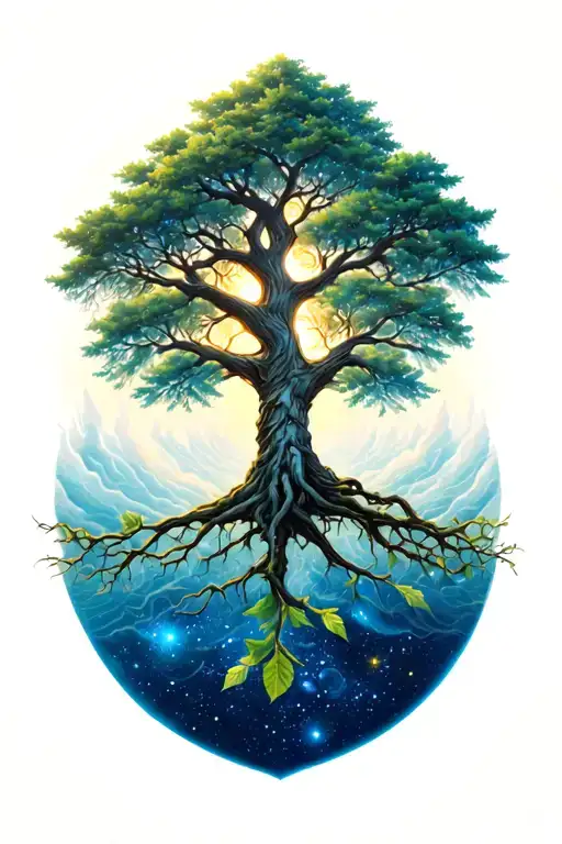 The tree of life as the main subject, length of a full arm. The background at the top is space. middle background heaven tattoo design idea