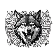 Wolf's head with a snarl on the background of Slavic runes tattoo design idea