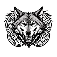 Wolf's head with a snarl on the background of Slavic runes tattoo design idea