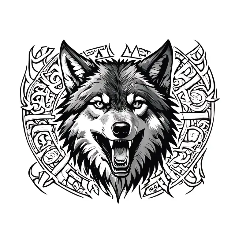 Wolf's head with a snarl on the background of Slavic runes tattoo design idea