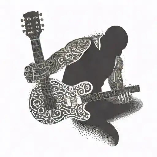 A fitness enthusiast playing a guitar with Arabic calligraphy surrounding them tattoo design idea