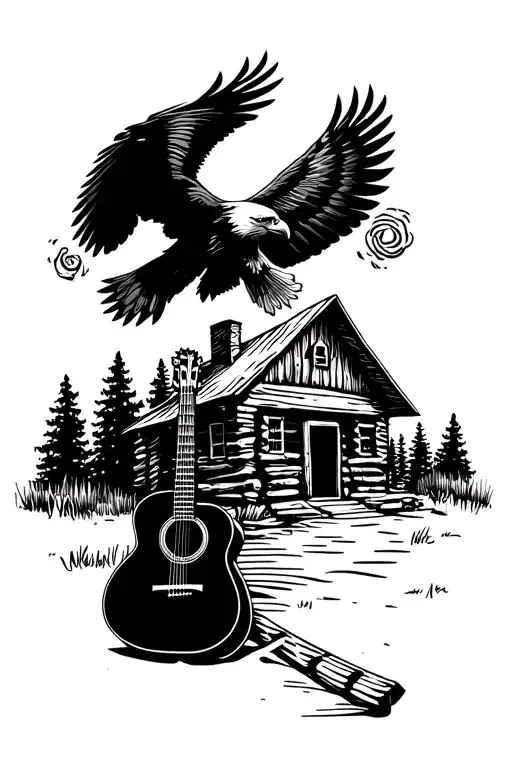 acoustic guitar sitting beside a log cabin and a bald eagle flying  tattoo design idea