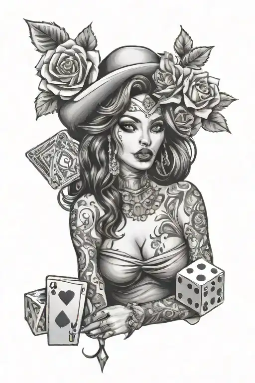 chicana with roses and gambling symbols like dice tattoo design idea