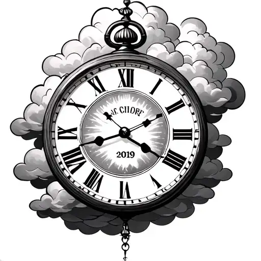 CLOCK TATTOO WITH TIME SET TO 2:22 WITH THE YEAR 2019 IN THE CENTER WITH CLOUDS WEAVING THROUGH IT tattoo design idea
