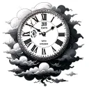 CLOCK TATTOO WITH TIME SET TO 2:22 WITH THE YEAR 2019 IN THE CENTER WITH CLOUDS WEAVING THROUGH IT tattoo design idea