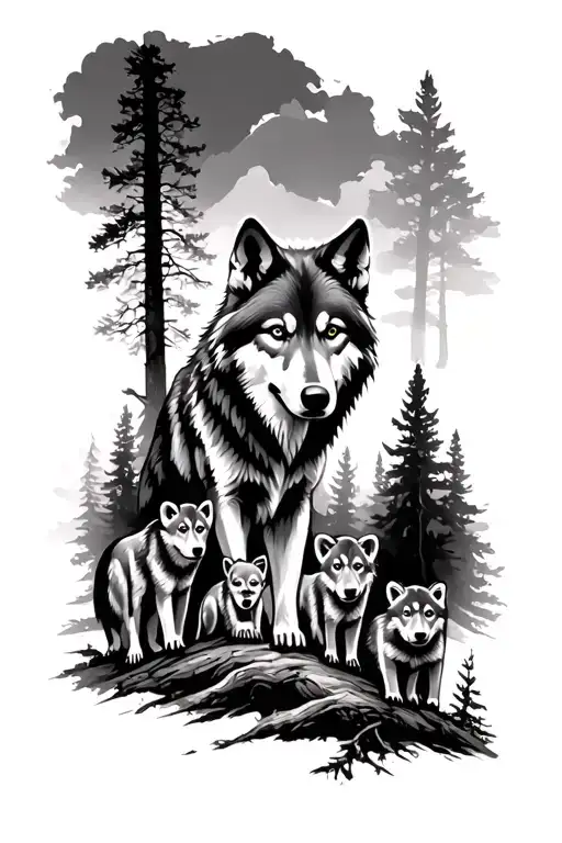 bicep sleeve greyscale, forest trees with adult male wolf and his 3 cubs tattoo design idea