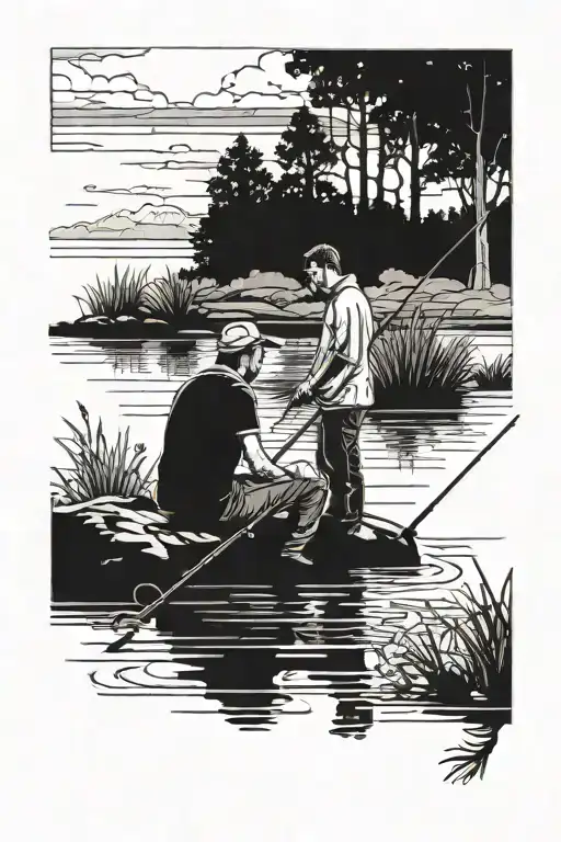 father and a son fishing on a lake in memory of the fathers passing tattoo design idea