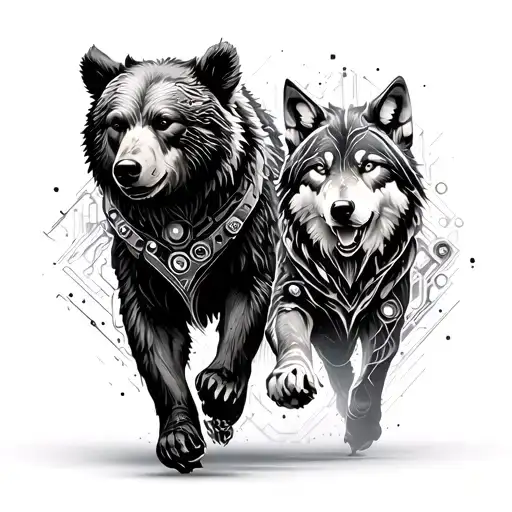 An abstract tattoo of a bear and a wolf running side by side, surrounded by intricate mechanical patterns, symbolizing the client's connection to both animals and engineering tattoo design idea